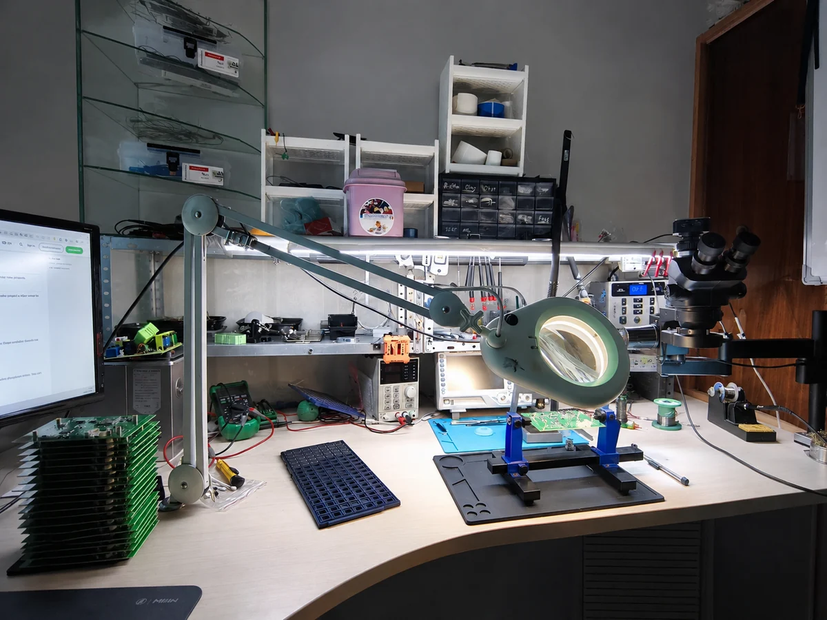Elektronikas darbnīca ar mēraparātiem un mikroskopu